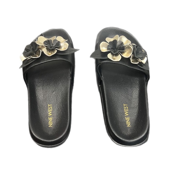 Nine West Putian Black & Gold Flower Youth Kids Slides Slip On Sandals Size 2 - Picture 3 of 4